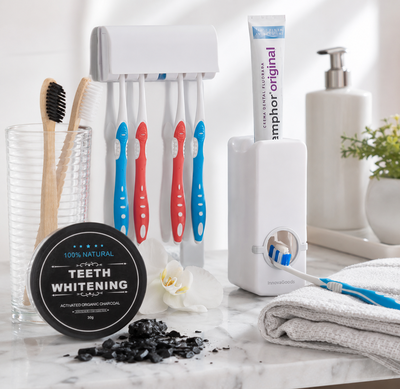 PACK DISPENSADOR DE DIENTES + BLANQUEADOR Y CEPILLO DE BAMBÚ